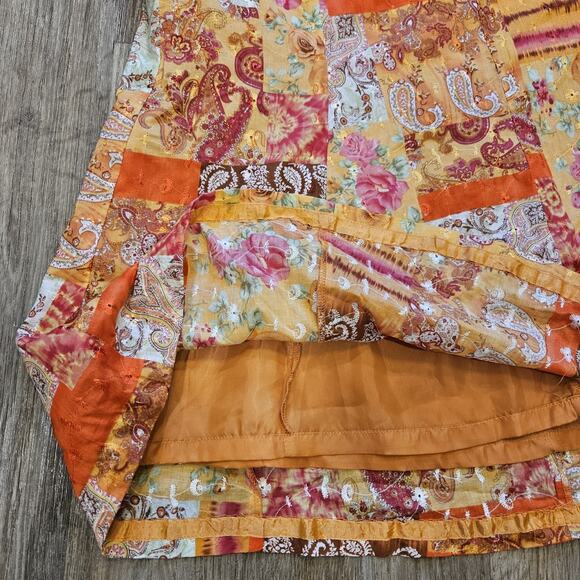 Vtg Patchwork Midi Skirt Women 14 Orange Floral Paisley Embroidered Hippie Retro - Picture 4 of 10